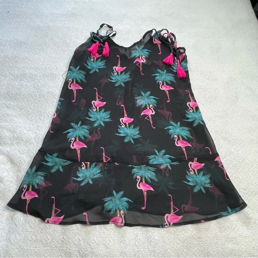 No Boundaries‎ Black Swim Cover with Pink Flamingo & Teal Palm Print~ Size M 7-9
